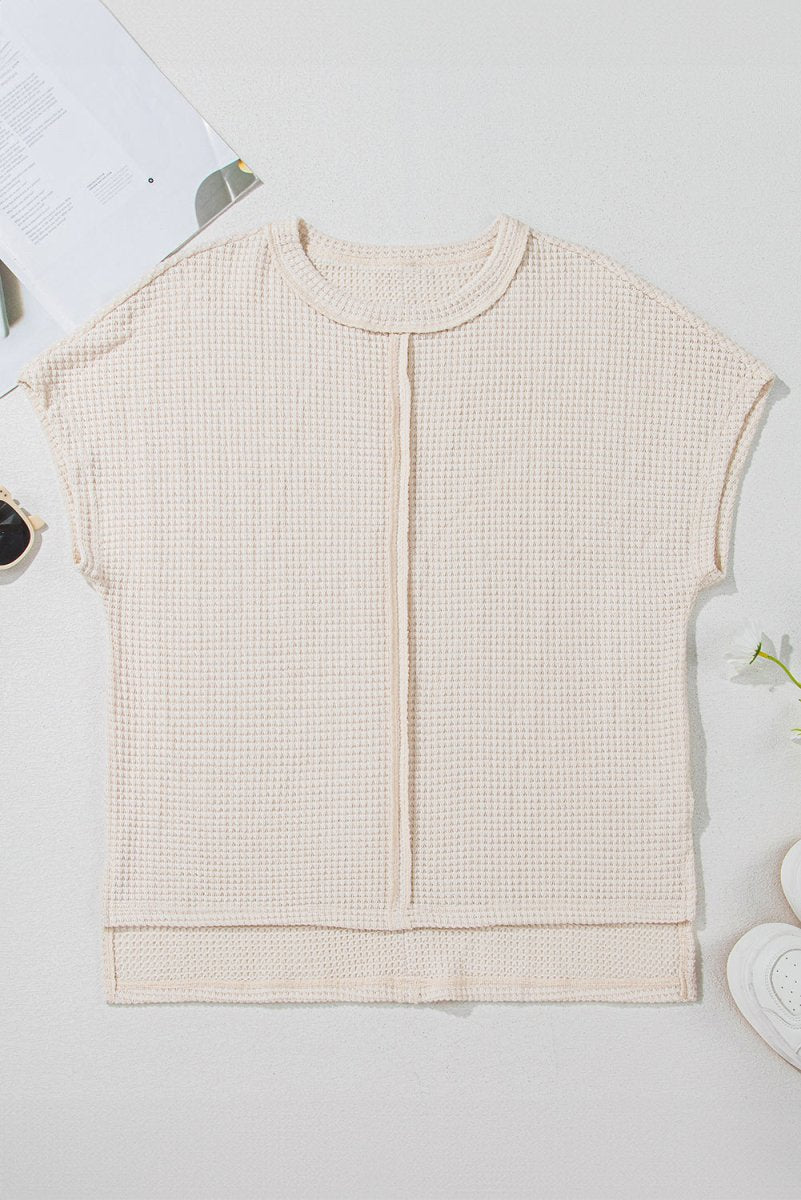 Pale Khaki Solid Color Textured Seamed Short Sleeve Top - Love Salve